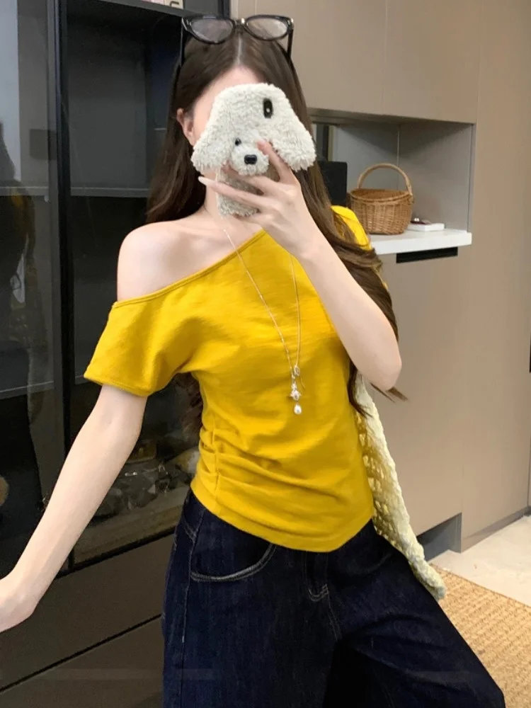 

Fashionable Textured Shoulder Baring Top Women's Slimming Waist Design Summer Bottom Shirt Korean Style Commute Short Sleeve