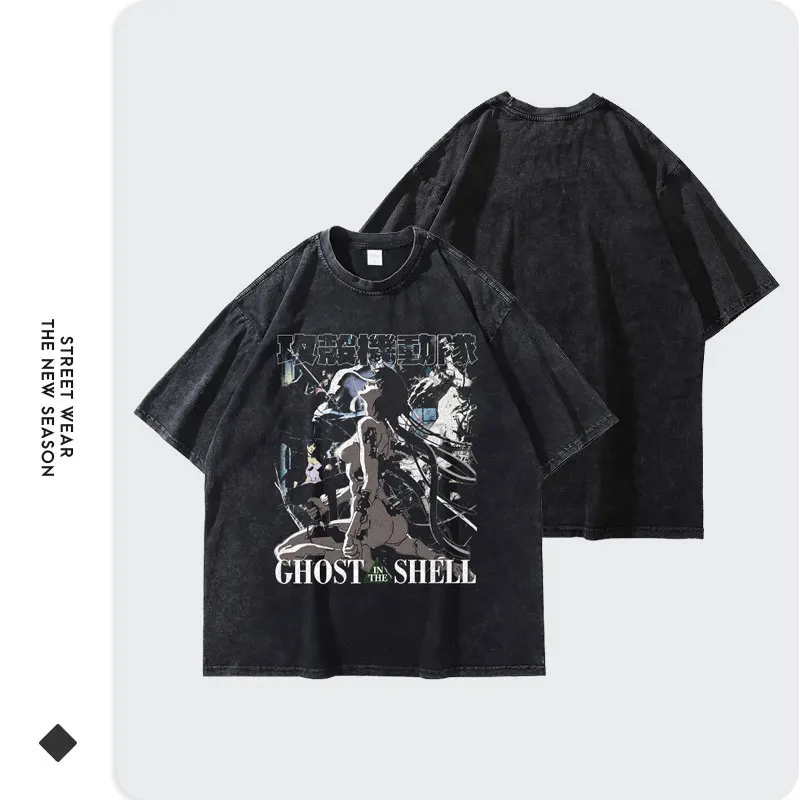 Anime The Ghost in The Shell T Shirts Streetwear Vintage Washed Kusanagi Motoko T-shirt Oversized Tops Tees Men 100% Cotton