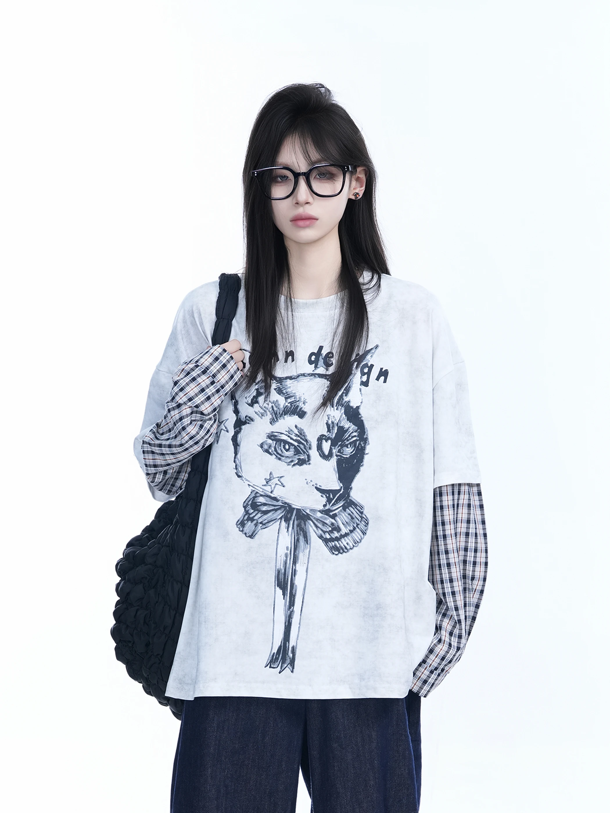 

Loose Long Sve T-irt Women's Plaid Design Sensation Small ence Hip Hop Trendy Brand Casual Streetwear Polyester Fiber