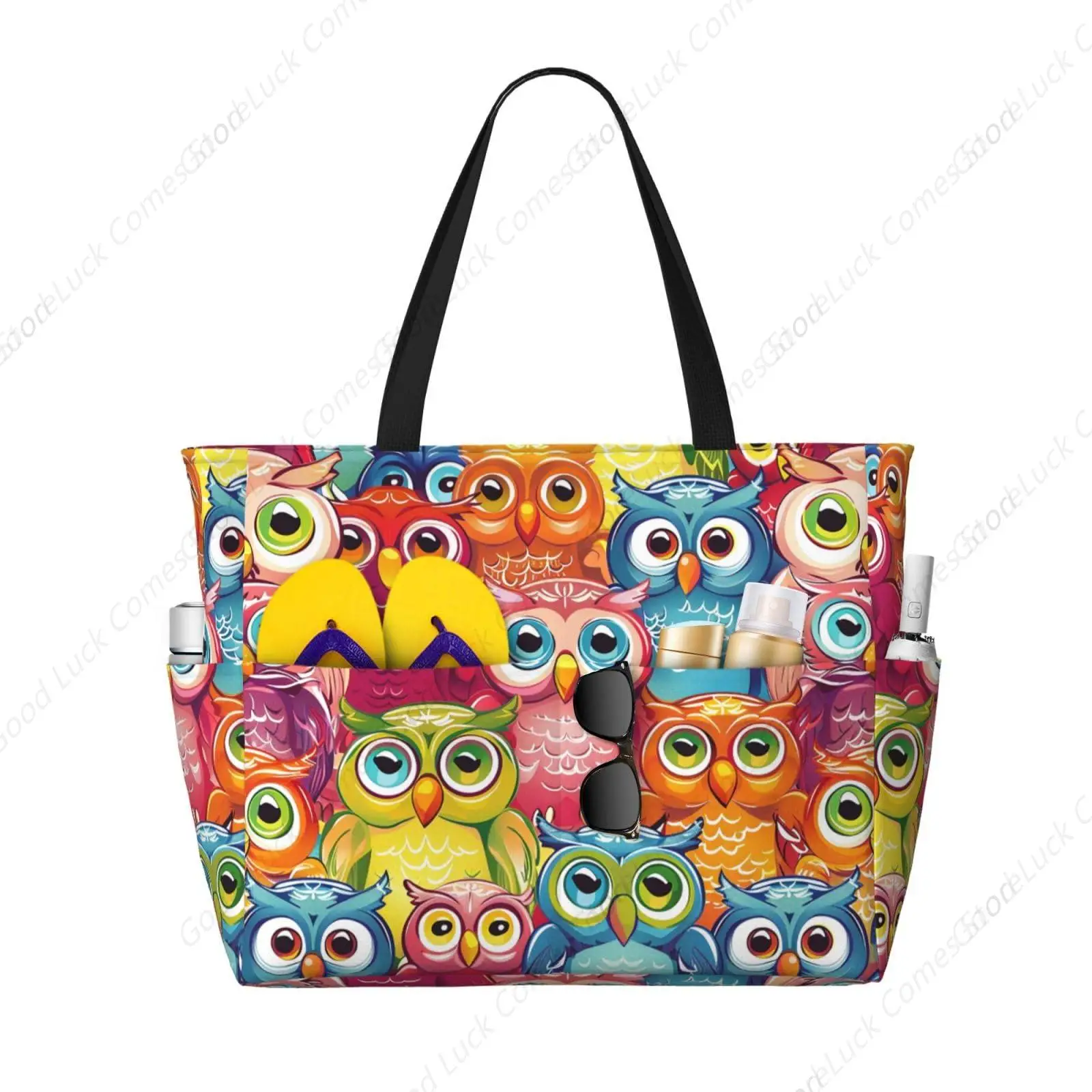 

Colorful Cute Owl Waterproof Beach Bag for Women Sandproof Beach Tote Bag Large Capacity Swim Pool Bag Foldable Travel Bags