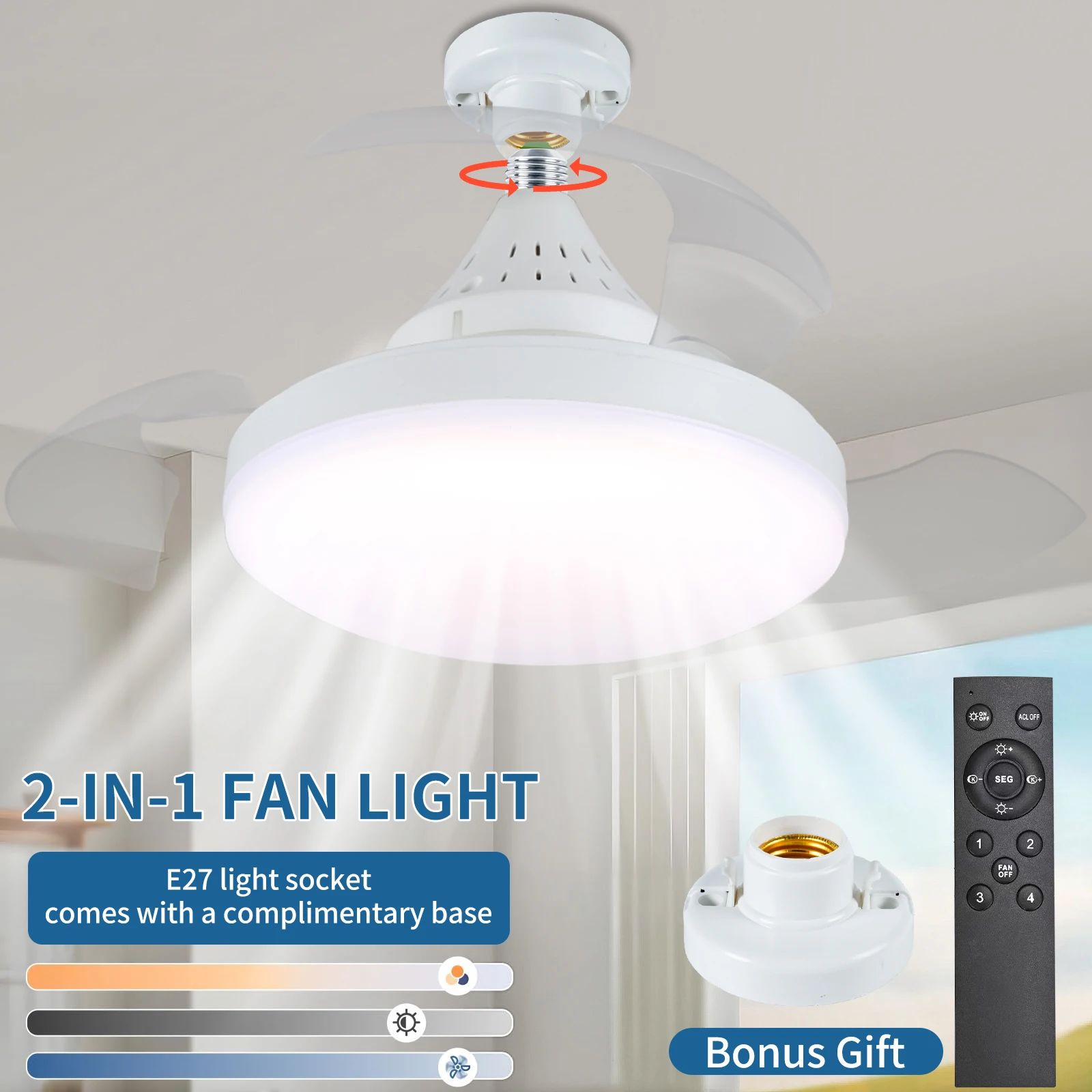 

Потолочный вентилятор, светильник с дистанционным управлением, вентиляторы с выдвижными лопастями и подсветкой, розетка E27, 4-скоростная регулировка яркости, синхронизация, спальня, гостиная