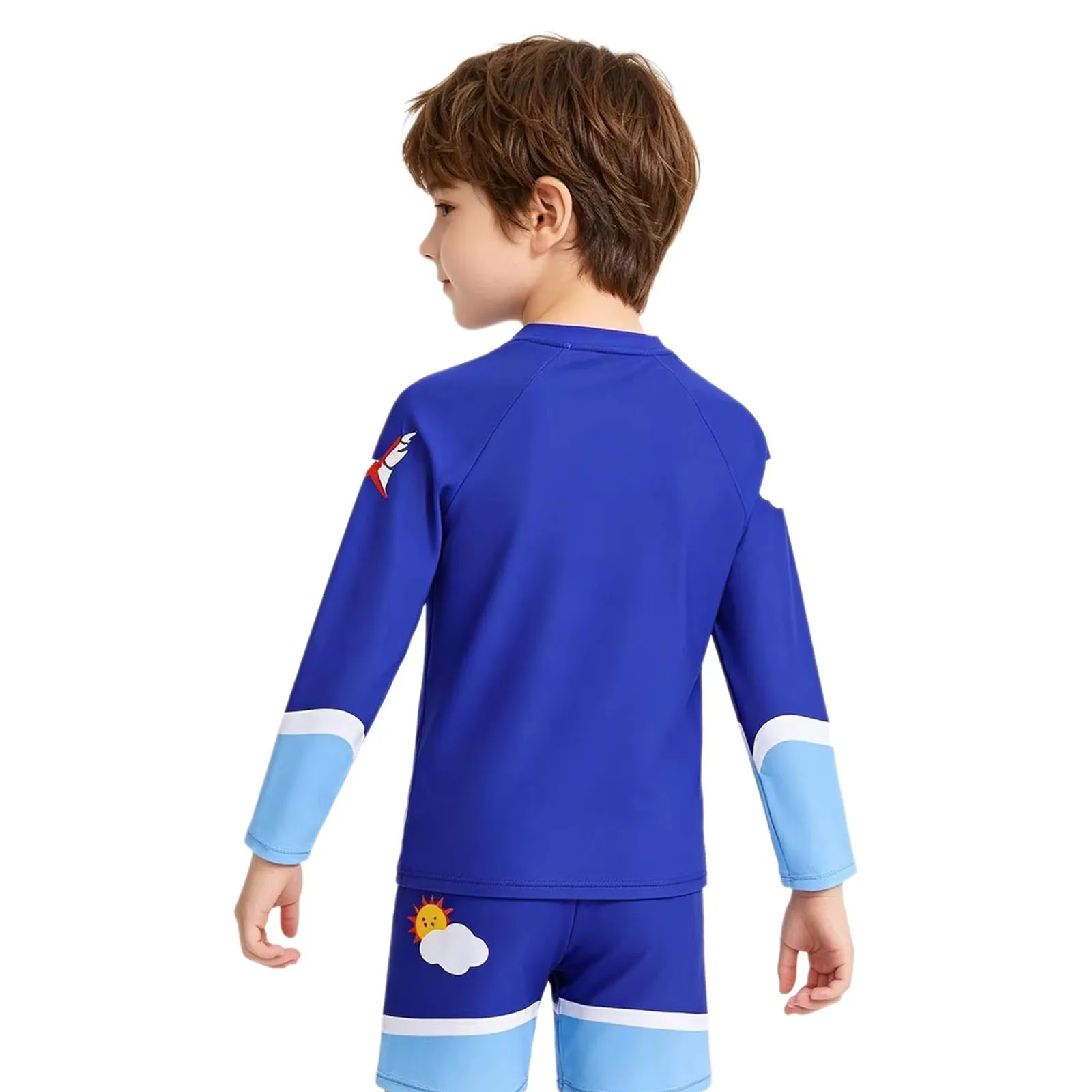 

Boys Two Piece Rash Guard Swimsuits Cartoon-printed Long Sleeve Top with Shorts Sunsuit Swimwear Sets for Summer Beach Holiday