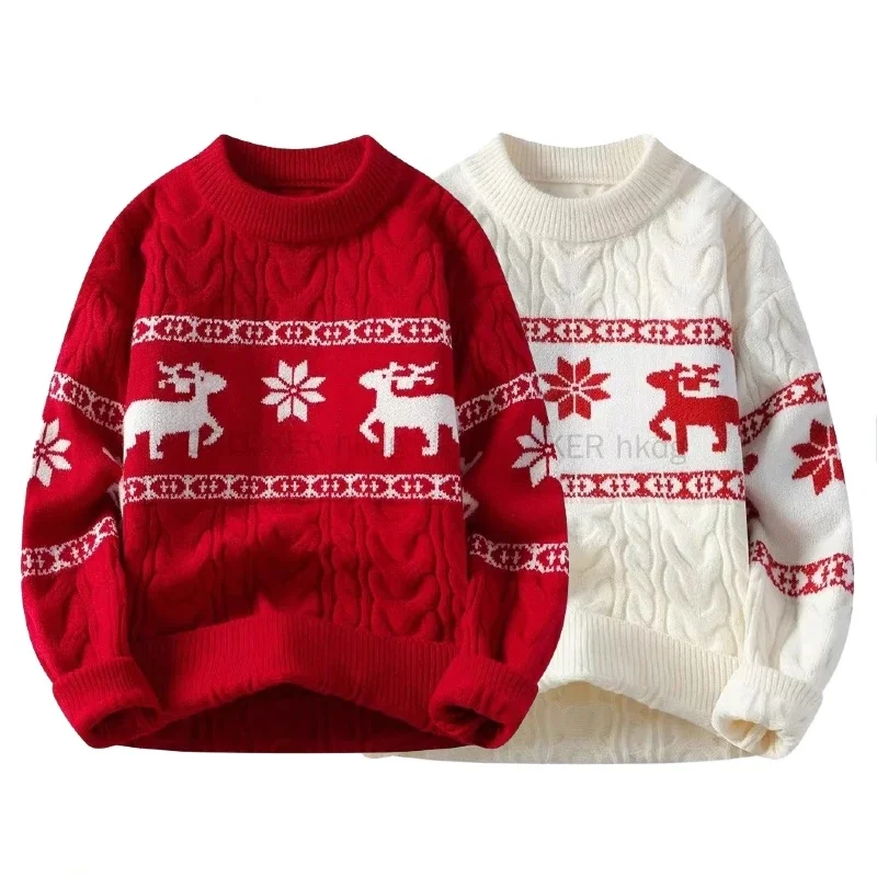 Family Christmas Reindeer Knitted Sweater for Men Women Red White Cable Knit Pullover Xmas Festival Warm Korean Jumper