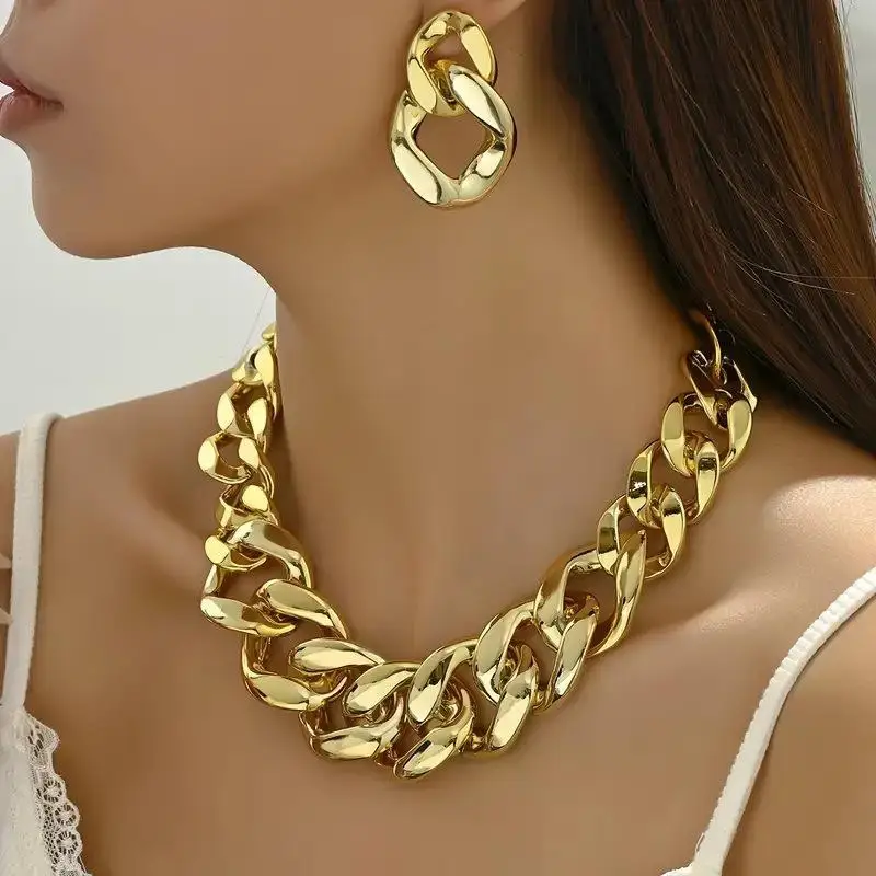 1Set Exaggerated Chunky Chain Jewelry Set Silver Tone Necklace Earrings for Women Trendy Accessory Holiday Gift