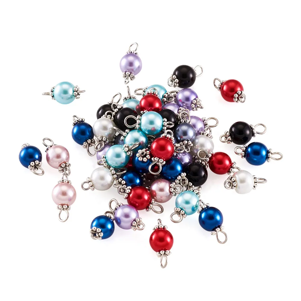 

90-100Pcs Pearlized Glass Pearl Links Connector Round Colored Beading Charms with Tibetan Style Bead Spacers Eye Pin 15-17x6-8mm