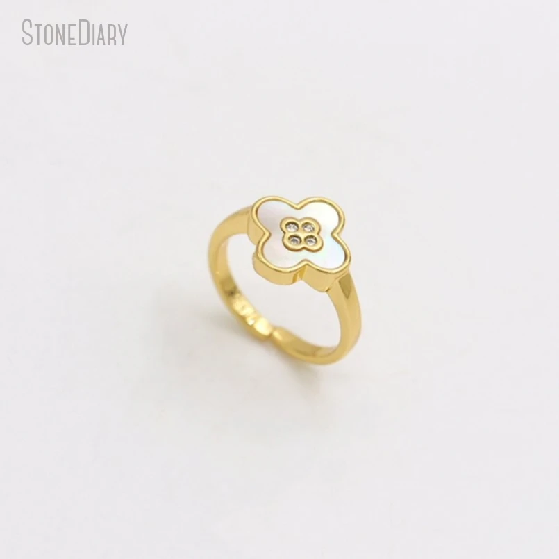 5Pcs Wholesale Gold Color Invisible Setting Cubic Zirconia Copper White Shell Flower Ring RM50810