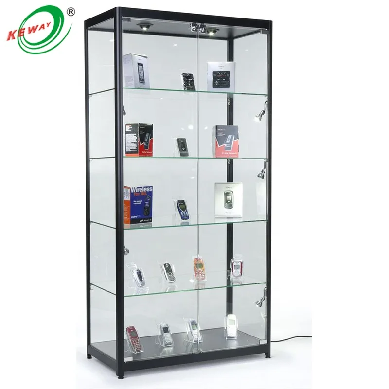 Custom. keway modern custom mobile phone retail shop glass showcase commercial design aluminum frame display cabinet with LED li