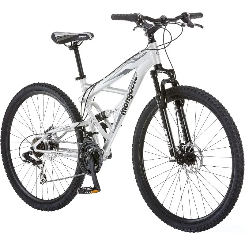 

Men and Women Aluminum Frame Front and Rear Disc Brakes Full Suspension Mountain Bike, Twist Shifters, 21-Speed Rear Deraileur