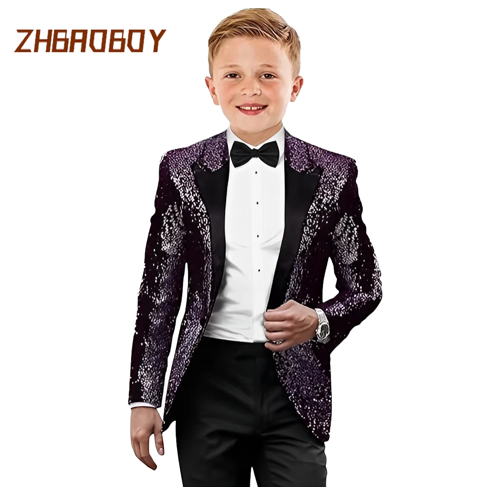 Kids Smoking Pakken voor Jongens Sequin Slim Fit Jurk Kleding Formele 2-delige Prom Party Glanzende Tuxedo Blazer Broek Bowtie
