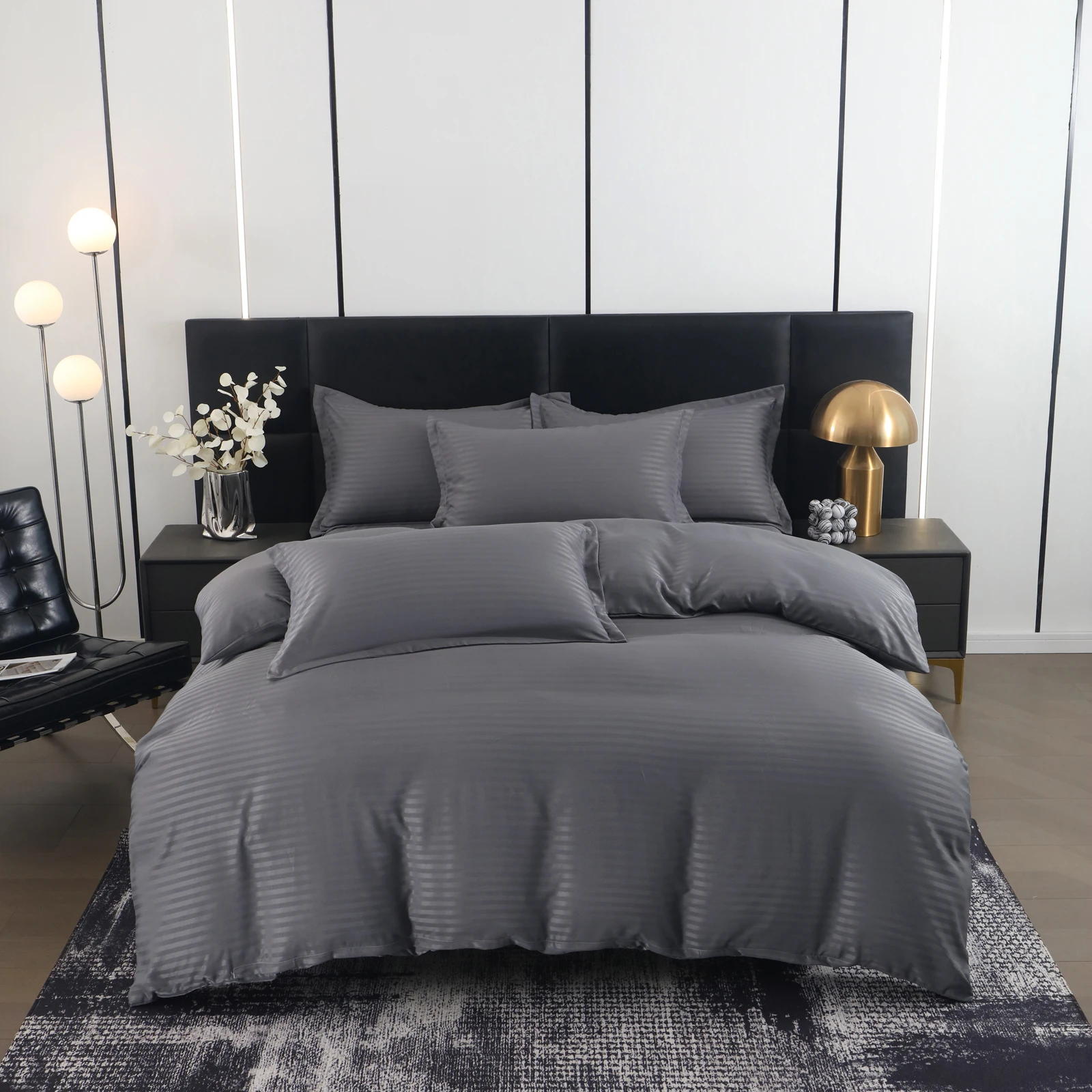 Thickened Ultra-Soft Hotel-Style Jacquard Satin Stripe Set, 1 Duvet Cover + 2 Pillowcases, Polyester Solid Color Satin Stripe Ja