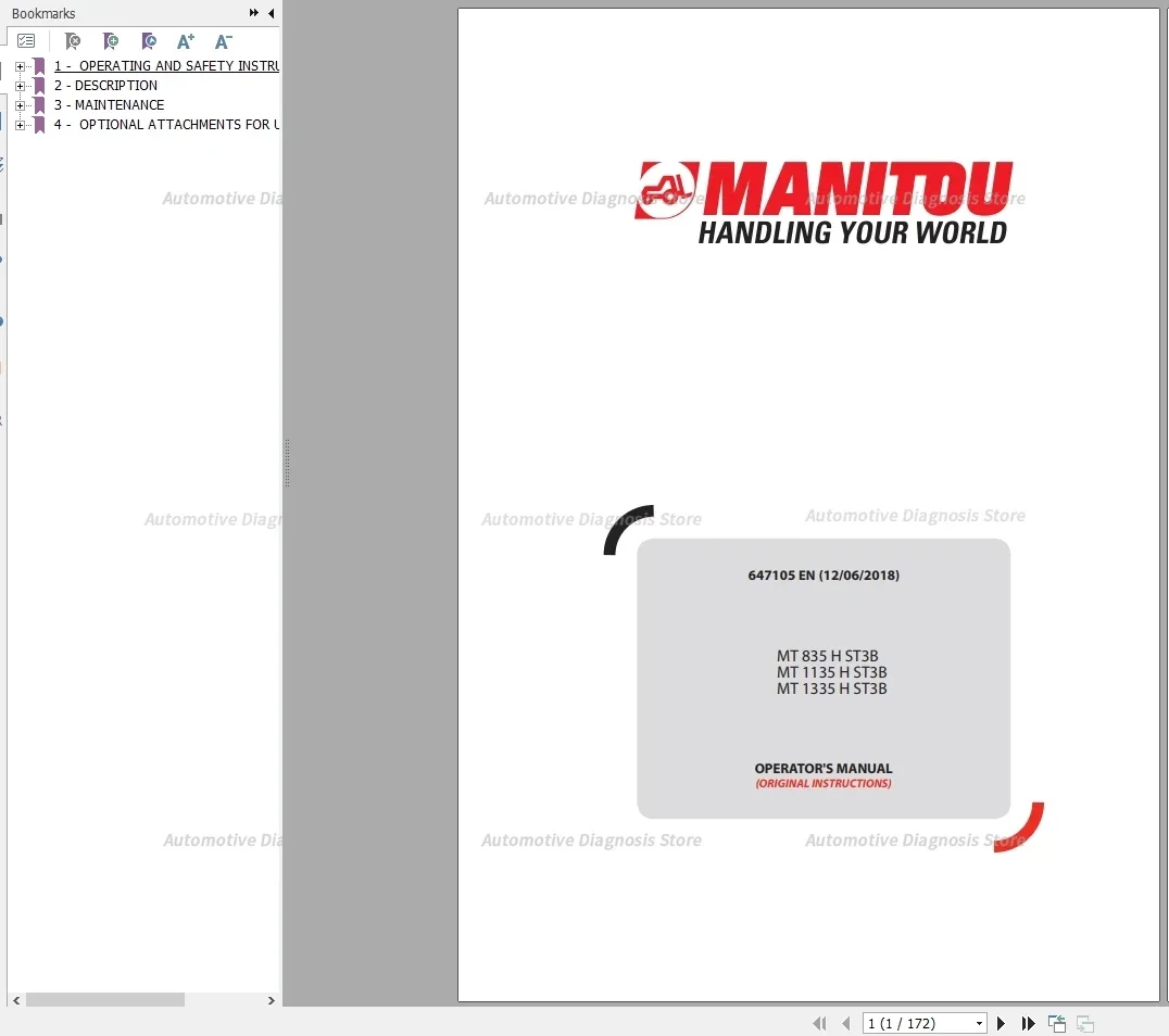 

Manitou Telehandler MT 13.1 GB Repair Manual, Operator Manuals, Part Manual Update 2021