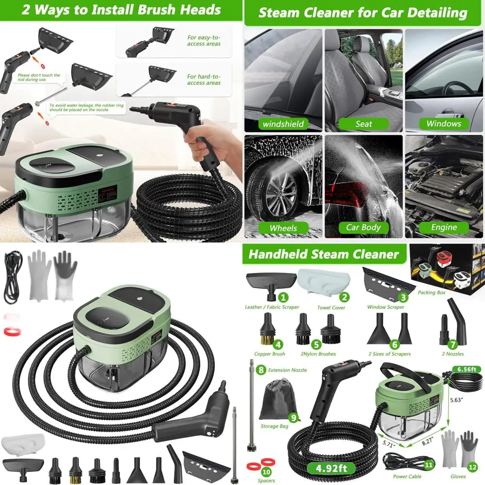 

Portable 2500W High-Pressure Steam Cleaner with 1.6L Tank for Home, Car, Furniture, and Bed Bugs (Green)