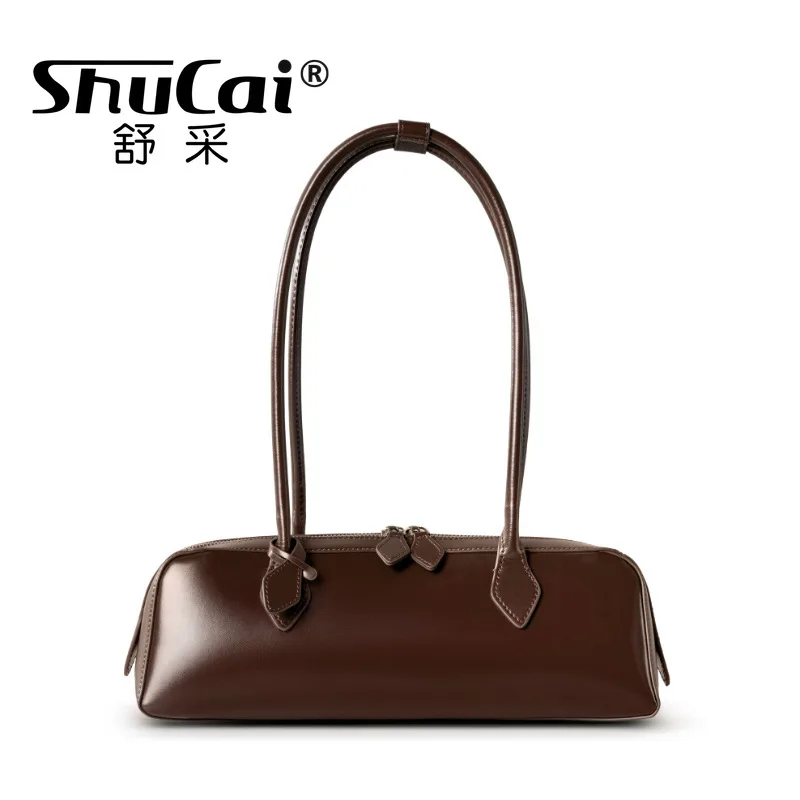 SHUCAI cowhide leather bag woman 2025 new korean luxury designer vintage long shoulder Handbags ladies underarm Shopping bag