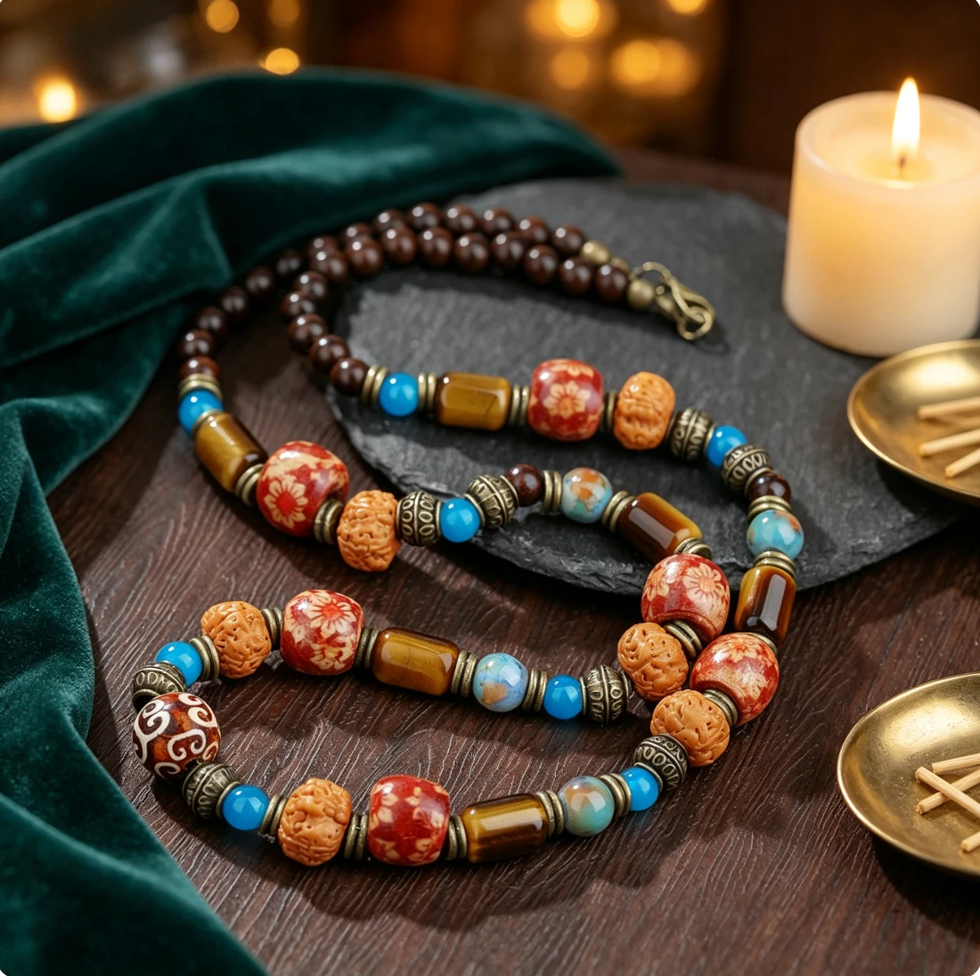 Retro Bead Tiger Eye Stone Necklace Men's Chinese Chic Imitation Walnut Bead Necklace Ethnic Style Necklace Accessories