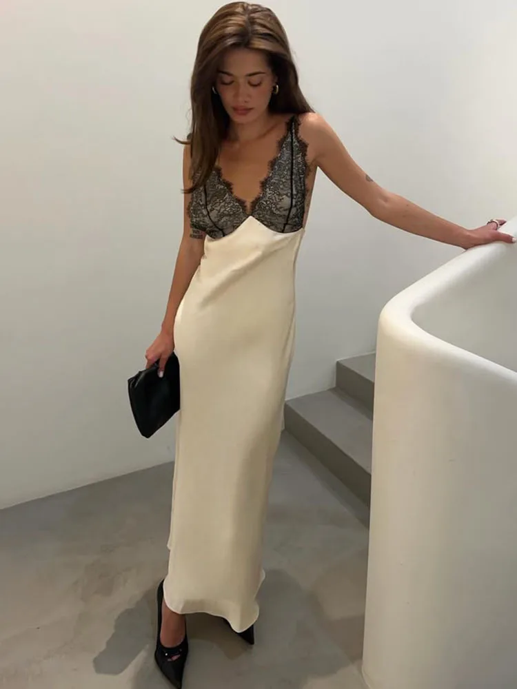 

JULISSA MO Sexy Deep V-neck Patchwork Lace Women Maxi Dress White Spaghetti Strap Evening Dress Spring Slim Elegant Party Dress