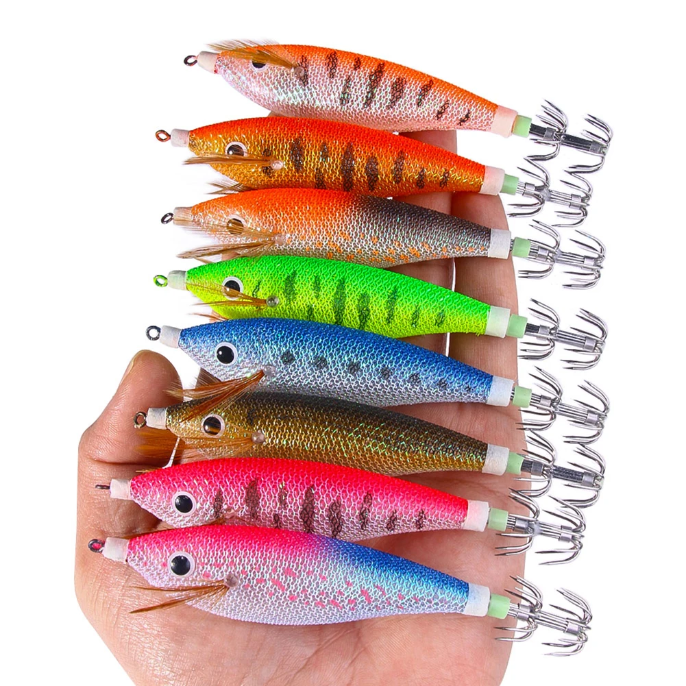 Glowing Horizontal Squid Trolling Lure Floating Luminous Squid Jigging Eging Wood Shrimp Hooks Artificial Squid Lure for Fishing