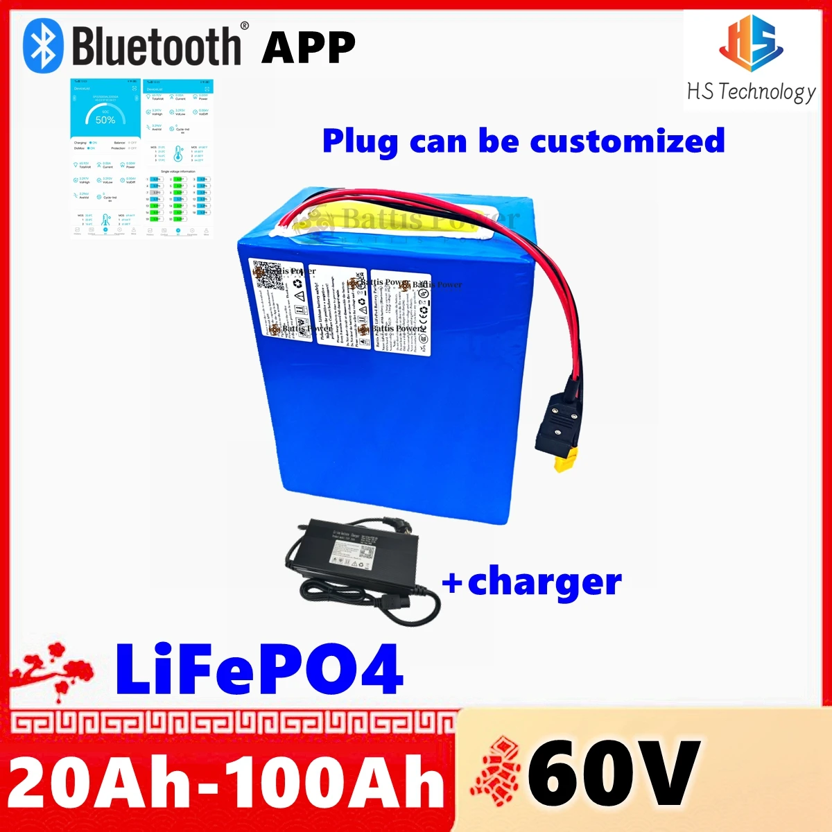 60V 60ah 50ah 80ah 100ah Lithium Deep cycle Lifepo4 battery PACK for 2KW 3KW 5KW motor motorcycle Electric tricycle scooter