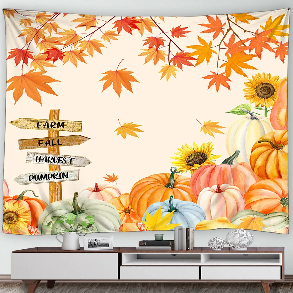 TQNNTQ Tapestry Autumn Pumpkin Maple Leaves Sunflower Polyester Fabric Home Living Room Bedroom Decoration Wall Hanging