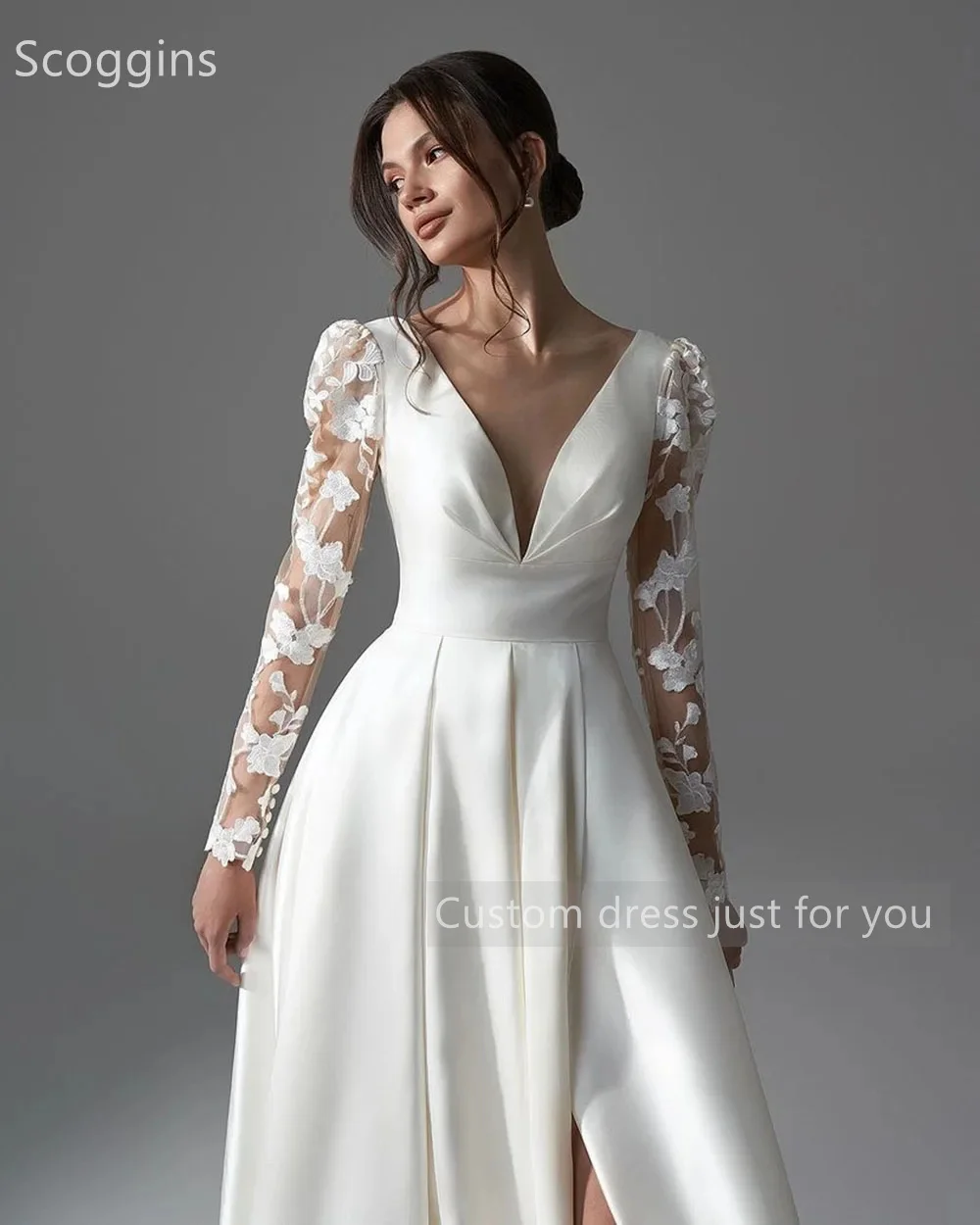 Scoggins  فساتين سهرة Customize Evening Dress A-Line Dubai Luxury V-Neck Floor-Length Long Sleeves Zipper Up Wedding Dress