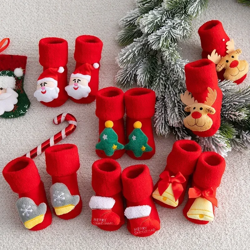Neue Kinder-Weihnachts-Cartoon-Socken für Mädchen und Jungen, rutschfeste Baumwollsocken für Kleinkinder, Neugeborene, Säuglinge, kurze Socken, Kleidungszubehör