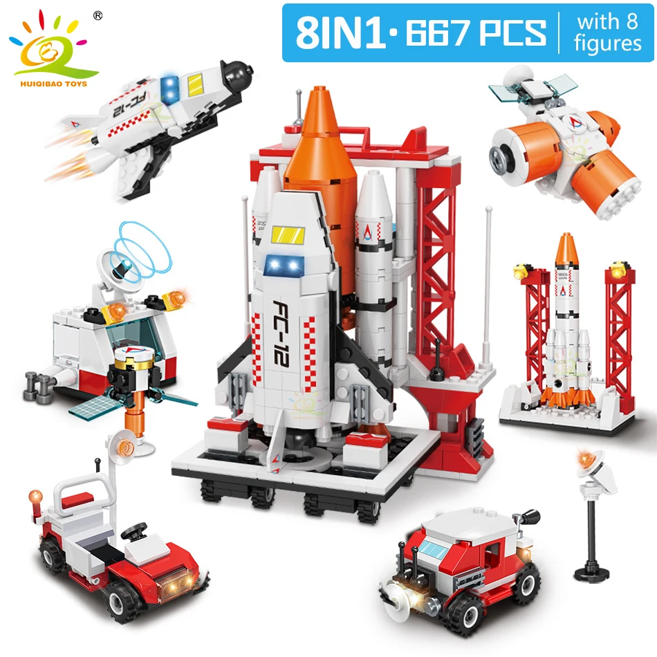HUIQIBAO, Estación Espacial, Saturn V, cohete, bloques de construcción, ciudad Shuttle, astronauta satélite, figuras de hombre, juego de bloques,