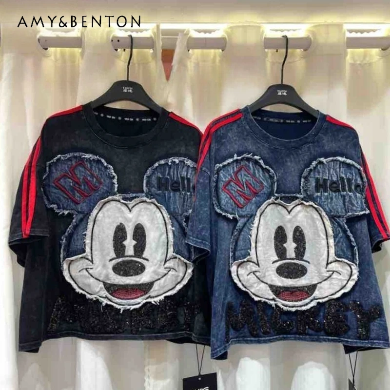 

Street Style Trendy Cartoon Retro Fashion Tshirts 2026 Spring And Autumn New Denim Top Kawaii Clothes Women's T-shirt Pullovers