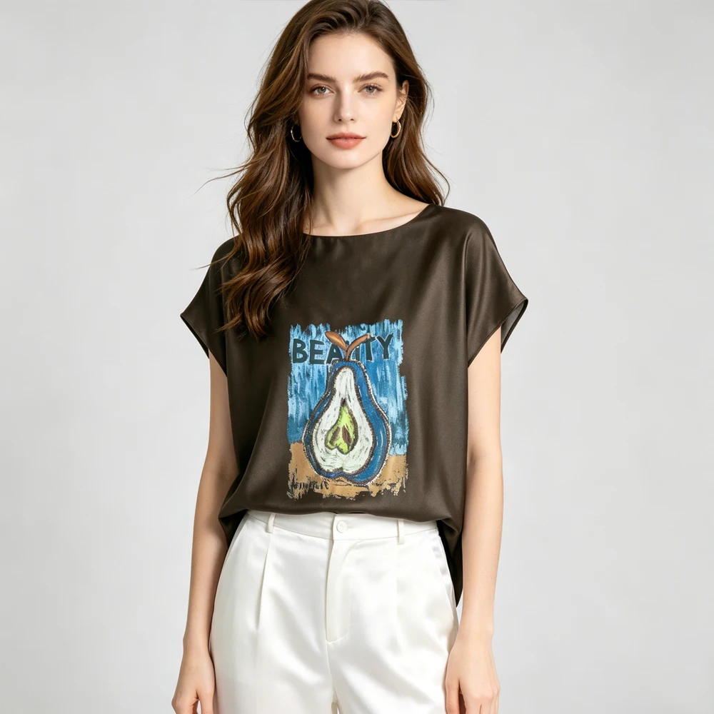 Women's Casual Summer New Silky Smooth Glossy 93% Natural Mulberry Silk Elastic Satin Purple Cat Print Batwing Sleeve T-shirt
