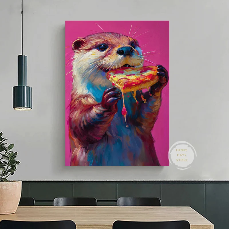 Cute Otter Eating Pizza Leopard Tiger and Cocktail Canvas Painting Colorful Trendy Kitchen Food Poster Print Dining Home Room