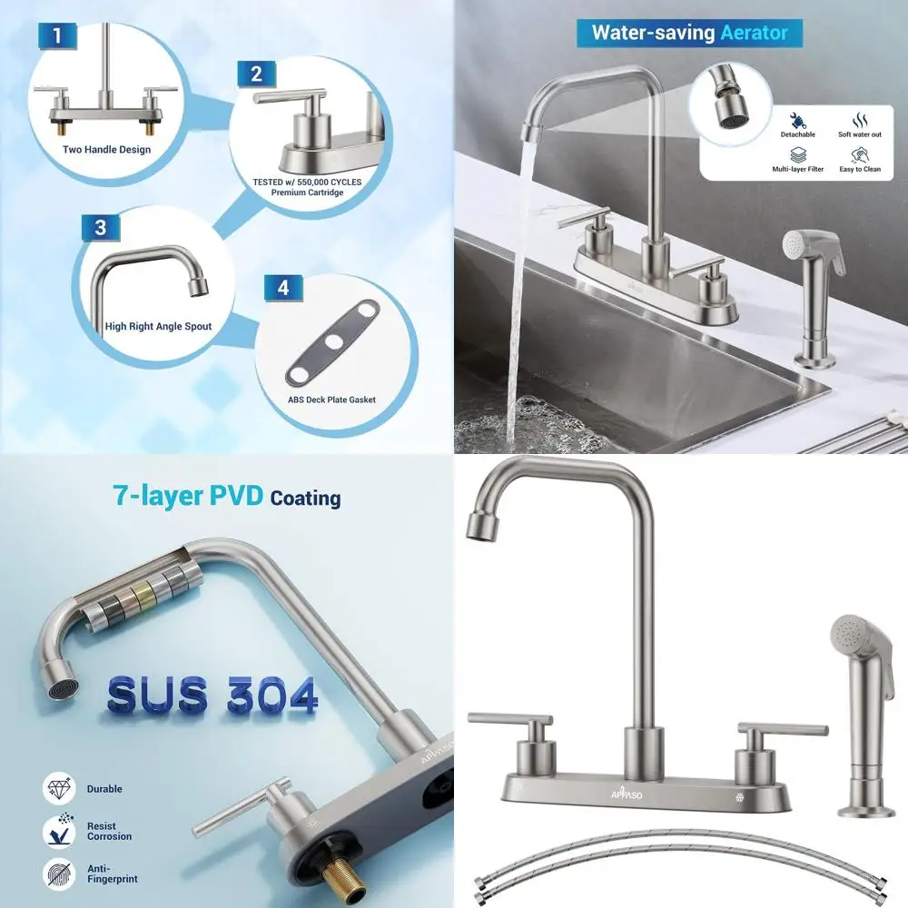3-Hole Stainless Steel Kitchen Faucet with High Arc Sprayer in Brushed Nickel Finish