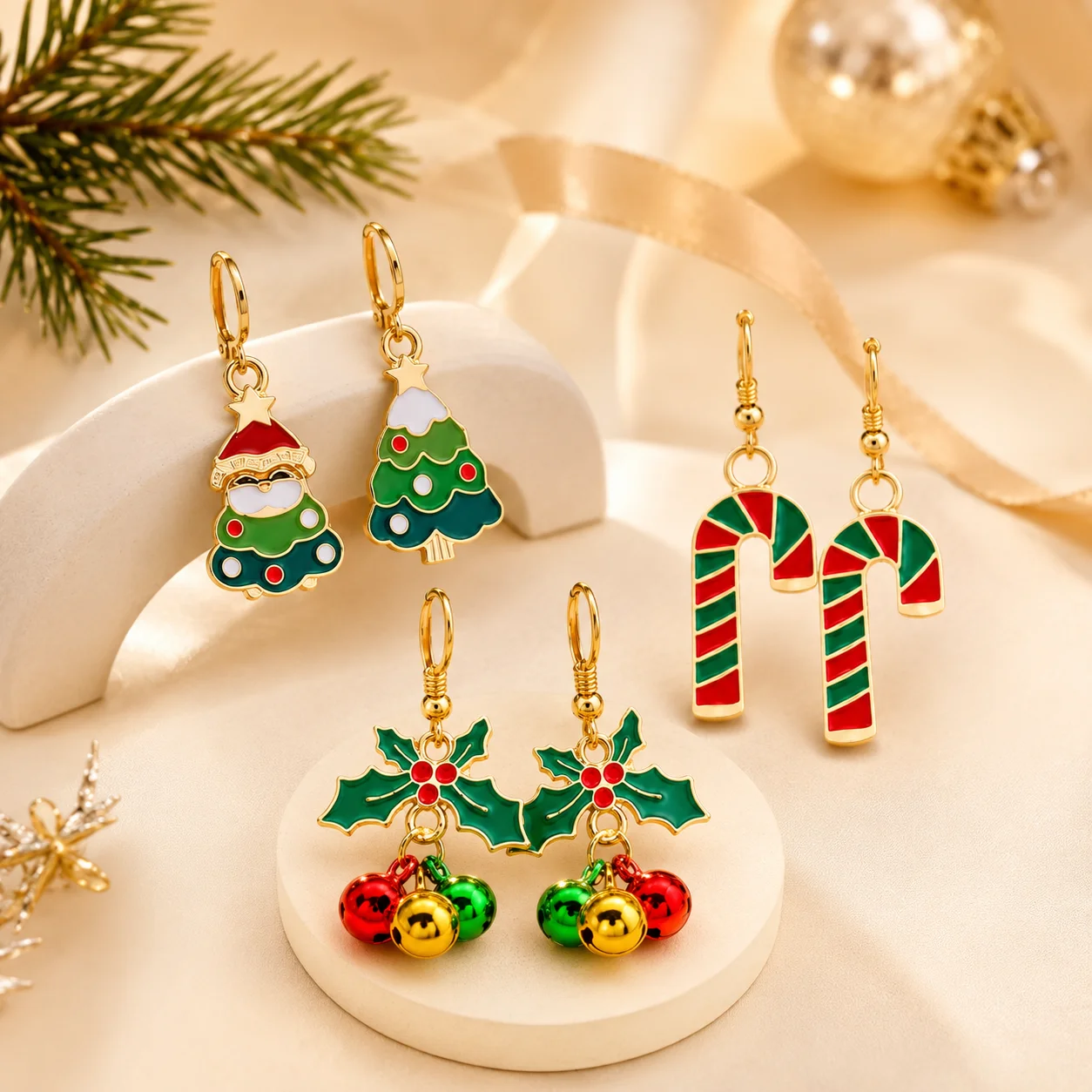 Christmas Earrings Set for Women Candy Cane Jingle Bell Christmas Tree Dangle Earrings Festive Holiday Party Jewelry Gift