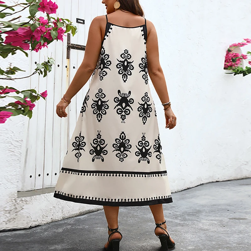 Summer Plus Size Women Dress Boho O Neck Hollow Out Sleeveless Beach Holiday Dresses For Women Casual Midi Dress 2024