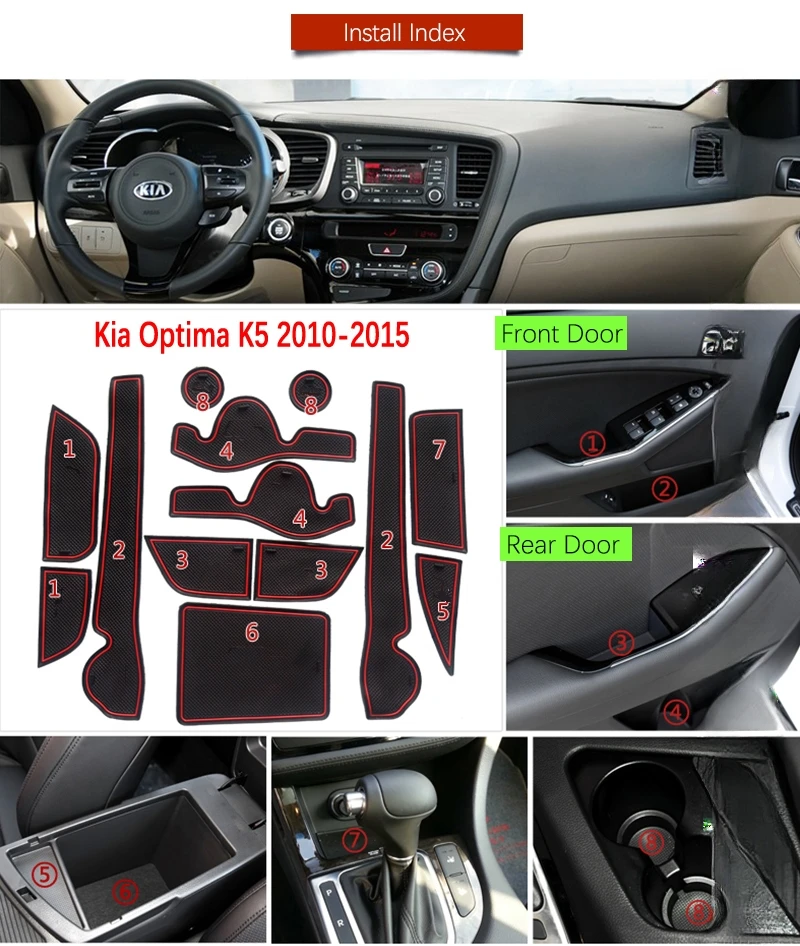 Anti-Slip Gate Slot Mat Rubber Coaster for KIA Optima 2010 2011 2012 2013 2014 2015 KIA K5 TF MK3 Accessories Car Stickers 13pcs