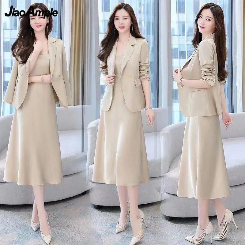 Women\'s Autumn Winter Suit Jacket Dress Set 2022 New Fashion Korean Elegant Temperament Blazers Suspender Midi Skirt Two-piece