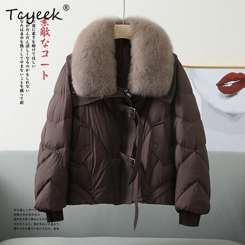 Tcyeek 가을 겨울 분리형 여우 모피 칼라 스퀘어 칼라 짧은 여성용 화이트 구스 다운 코트 Casacas Para Mujer Invierno