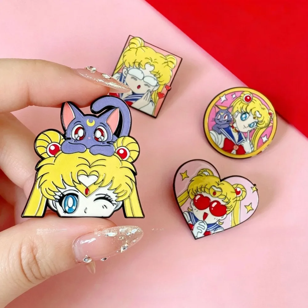 4Pcs Sailor Moon Enamel Pins Set Usagi Tsukino Luna Cat Brooch Cute Anime Badges for Backpack Lapel Fans Jewelry Gift