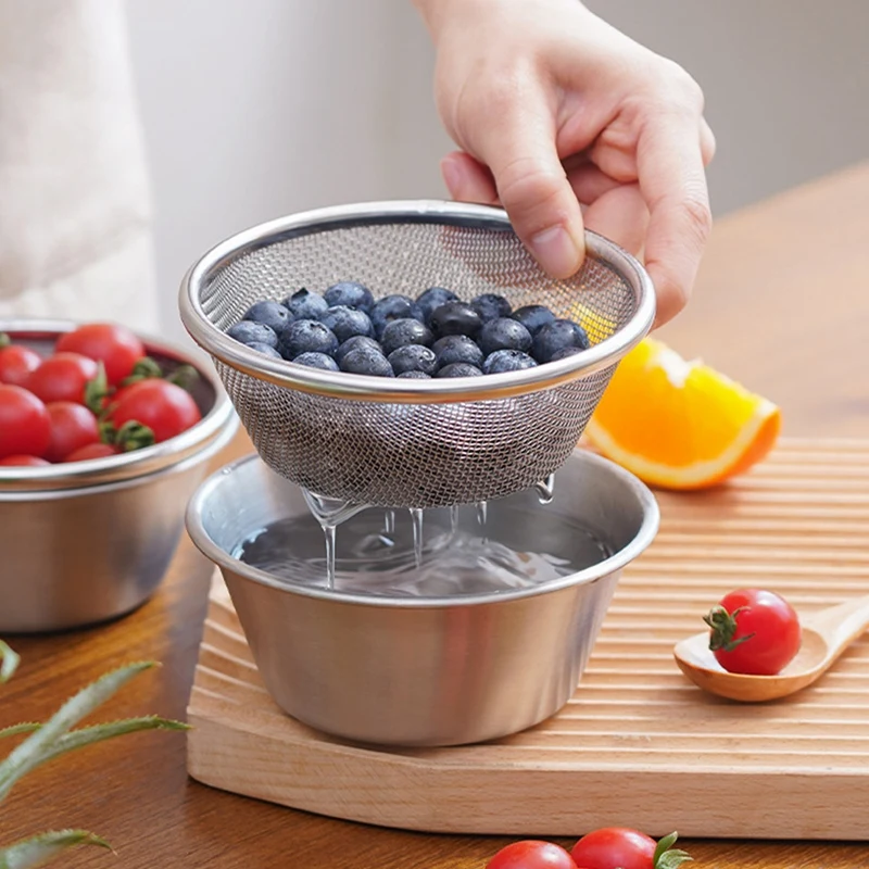 1 PCS Small Basin Kitchen Cooking Bowl Drain Basket Fruit Drain Basin Conical Drain Basket Set Silver Stainless Steel