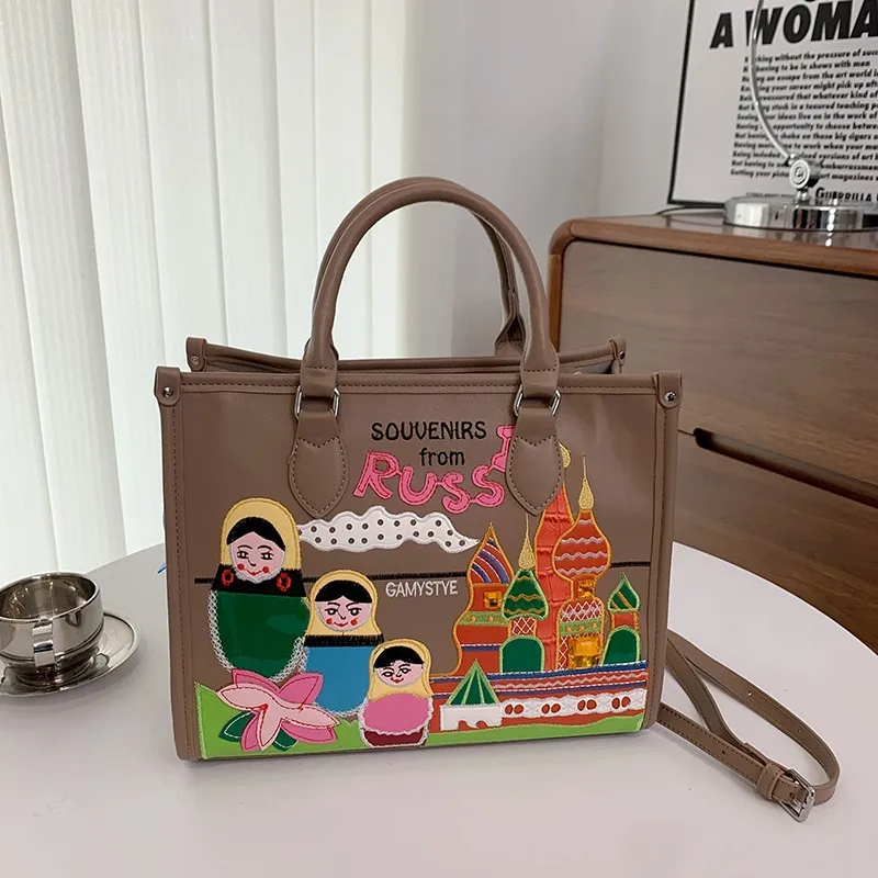 Ladies' shoulder bag, new artistic style hand embroidered handbag, Russian themed large capacity tote bag