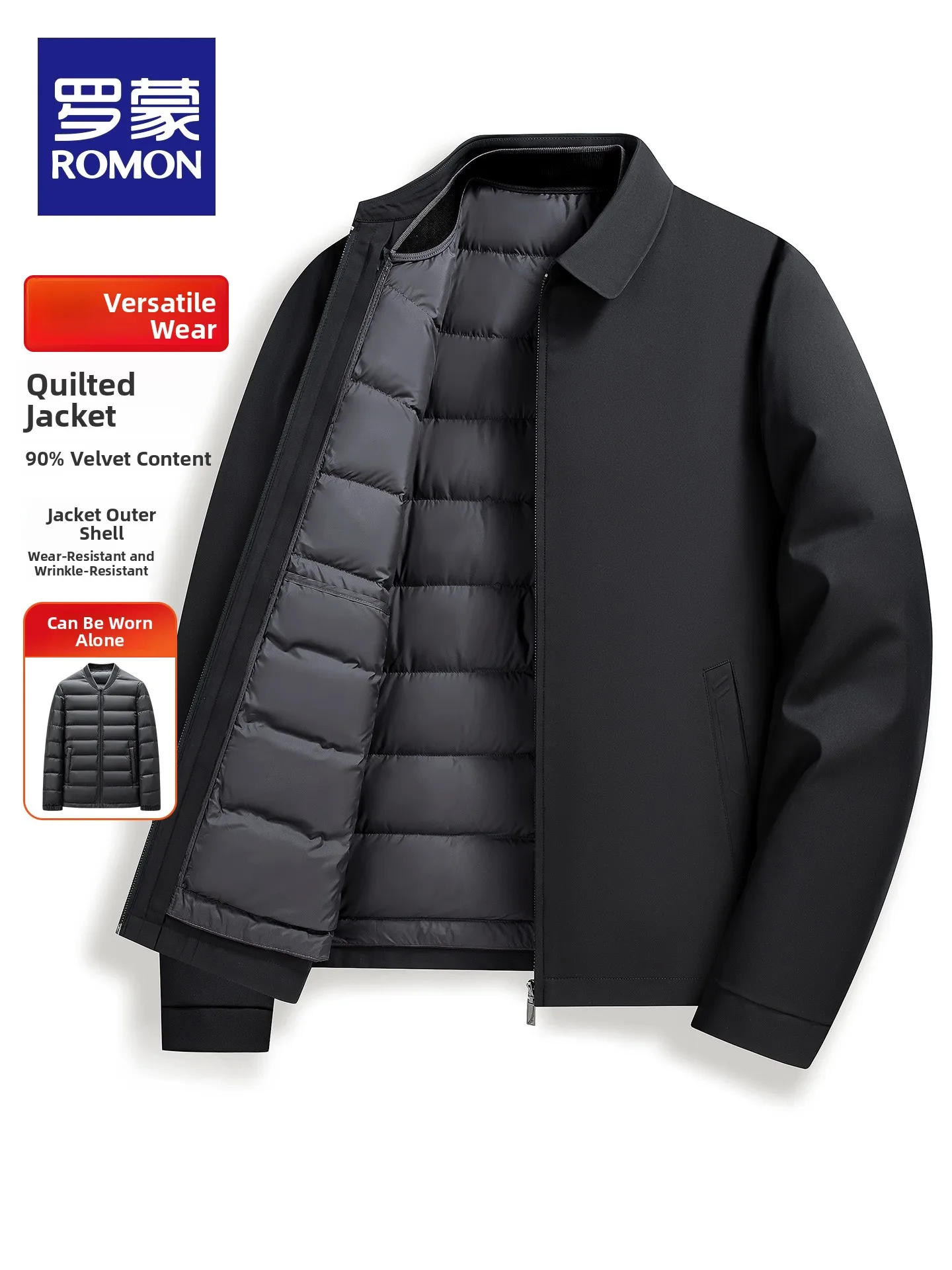 Removable down Inner Lined Short Collar Men's down Jacket Thick Warm Business Style Outdoor Casual Polyester Fiber Coat