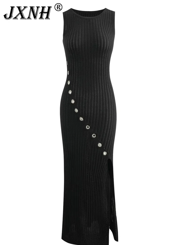 

High Waisted Diamond Embellished Circular Slit 2024 Summer New Women's Knitted Sleeveless Buttocks Wrapped Dress Long Skirt