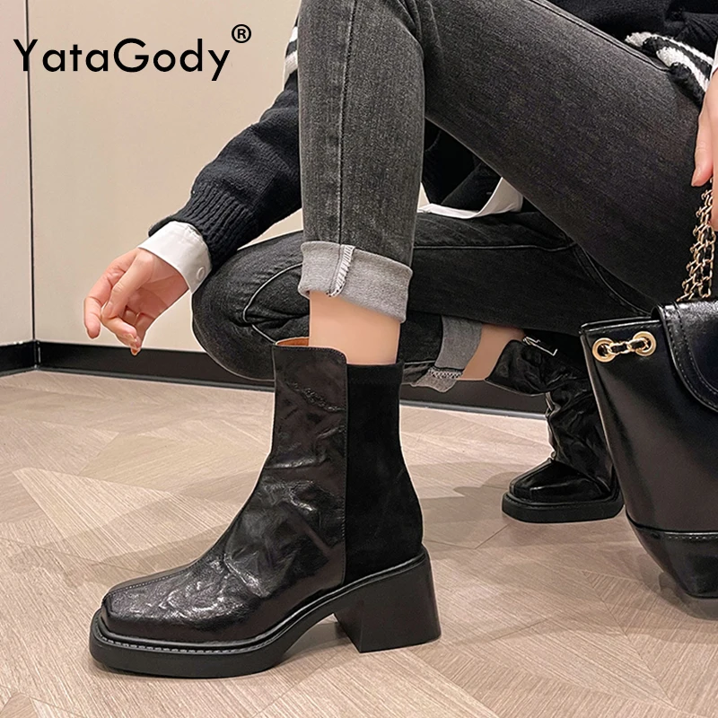 

YATAGODY Size 33-40 Women Chelsea Ankle Boots Genuine Leather Chunky Block High Heels Shoes Fall Winter 2024 Motorcycle Booties