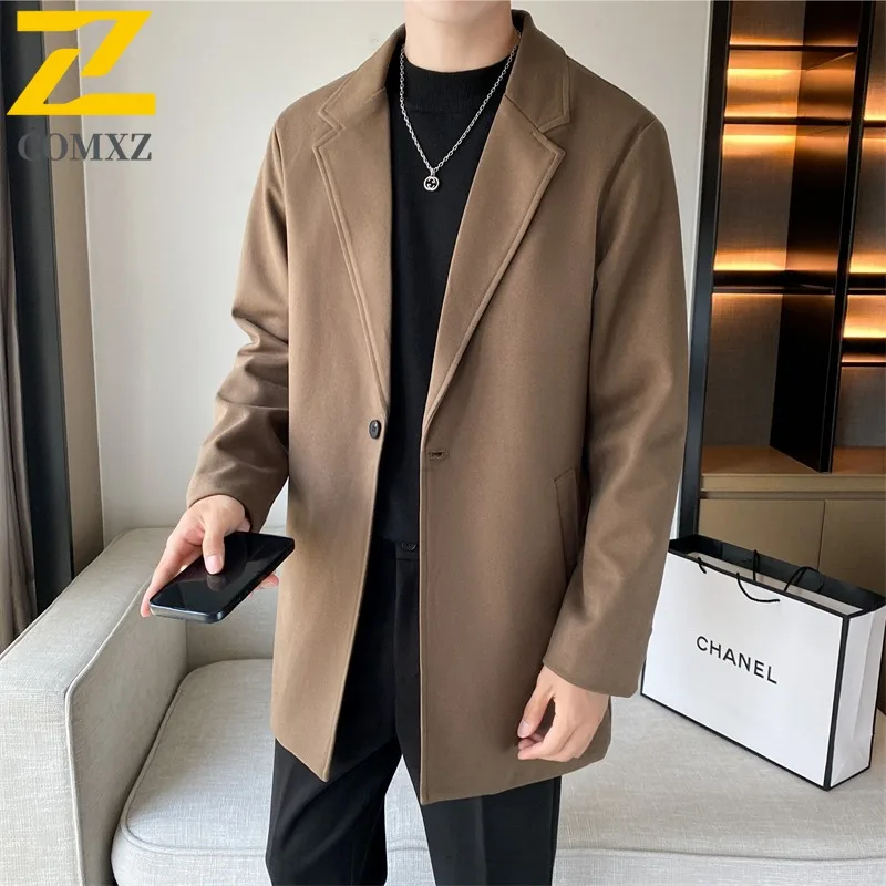 

COMXZ повседневная ветровка, свободная мужская куртка средней длины в корейском стиле, зимнее пальто на флисовой подкладке, модный плащ в гонконгском стиле