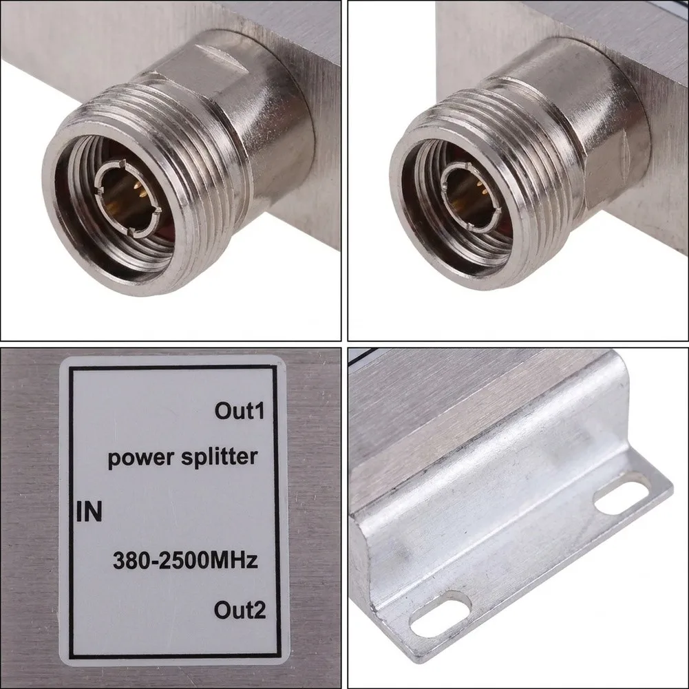 N type female RF signal divider 1 input 2 outputs 380MHz to 2500MHz 50 ohm impedance 50W rating for broadcast and telecom use