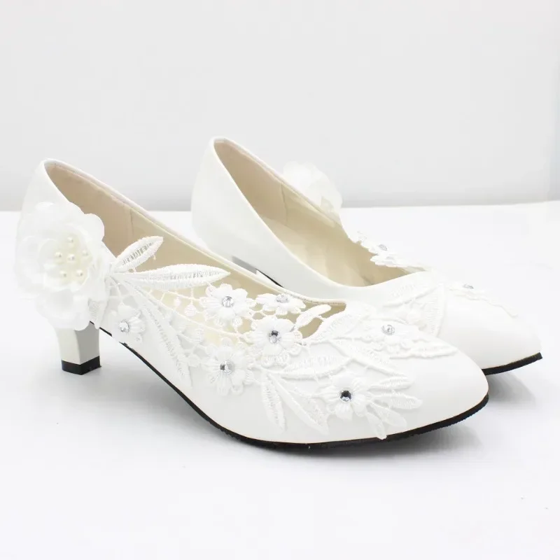 White Flower Pumps New Arrival Womens Wedding Shoes Bride High Heels Platform Shoes for Woman Ladies Party Dress Shoes view 3