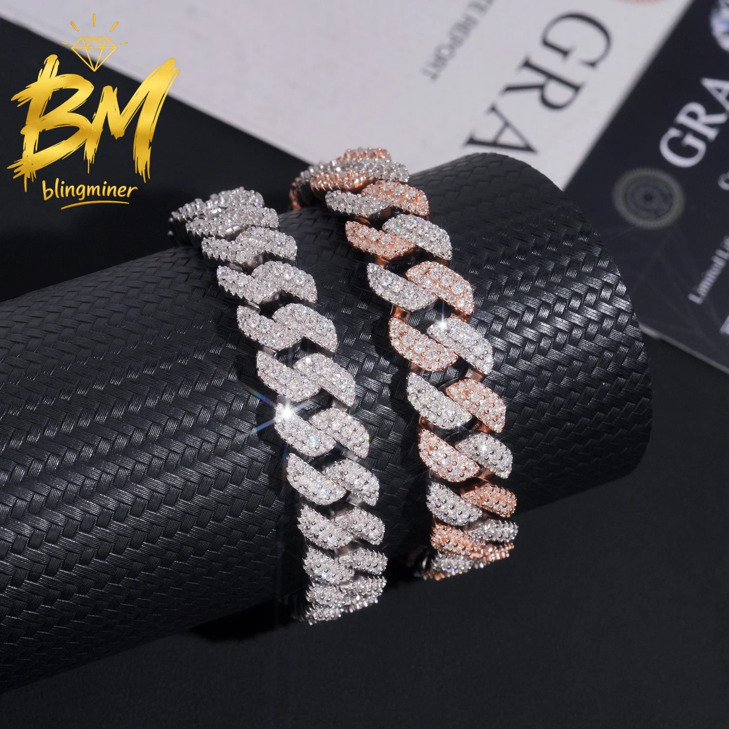 Blingminer S925 Silver 13mm 3Rows VVS Moissanite Cuban Link Chain Iced Out For Men Jewelry Pass Diamonds Tester With Free Shippi