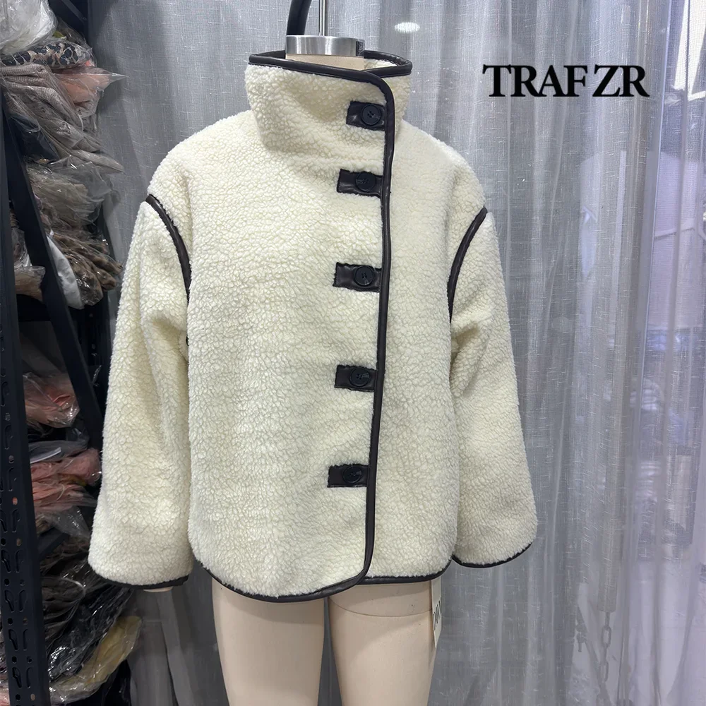 TRAF ZR Mujer Relaxation Comfy Coat with Details&Trim New in Loose-fit Teddy Fleece Stand-up Collar Jacket for Women High Street