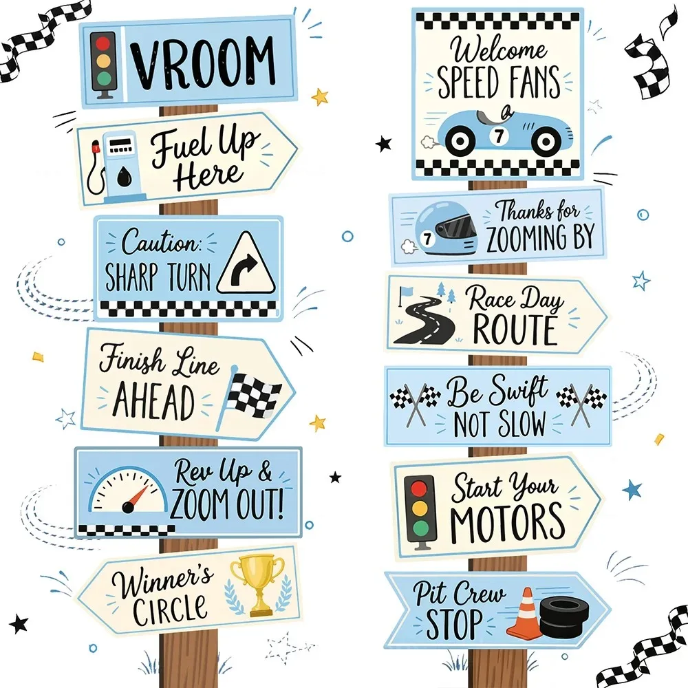 Race Car Directional Sign Cutouts Traffic Light Checkered Flag Trophy Arrow Signs for Kids Birthday Party Wall Hanging Decor