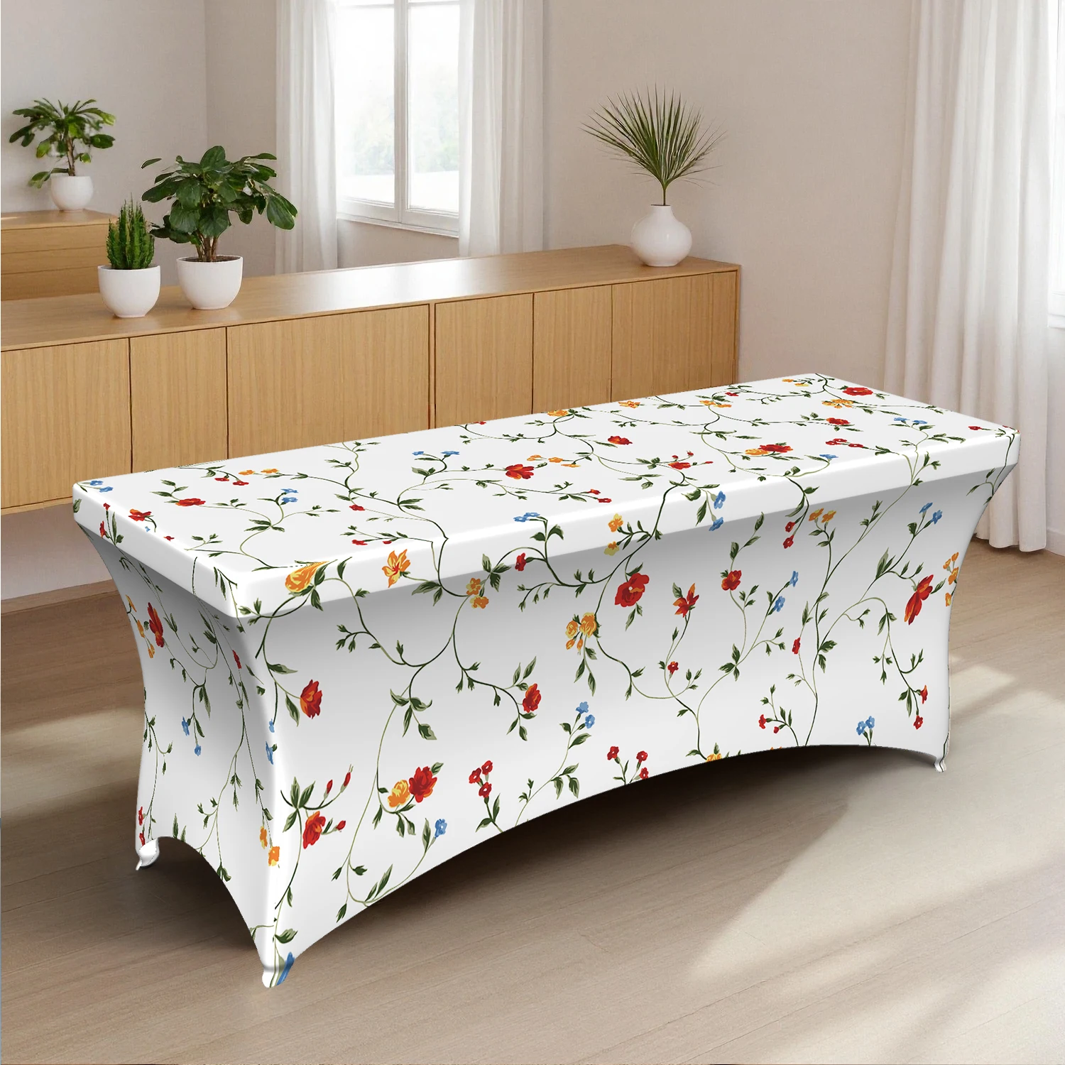 1PC Summer Outdoor Elastic Tablecloth, Floral Printed Full Coverage Fitted Table Cover, 4/6/8FT Rectangular St
