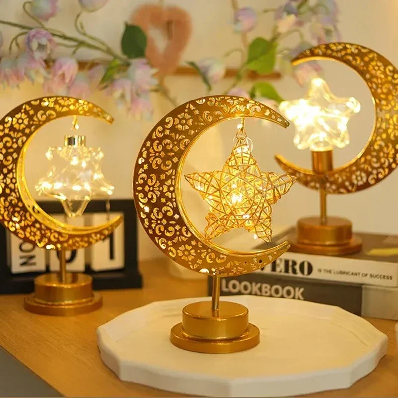 Ramadan LED Moon Lamp Desk Decoration Metal Eid Mubarak Gift for Muslim Home Kareem Night Light Ornament Holiday Tabletop Decor