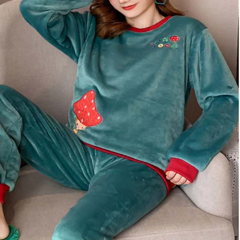 Flannel Pajamas Women Round Neck Suit Thickened Warm Cartoon Bear School Homewear Long-Sleeved Trousers Can Be Worn Outside Xl