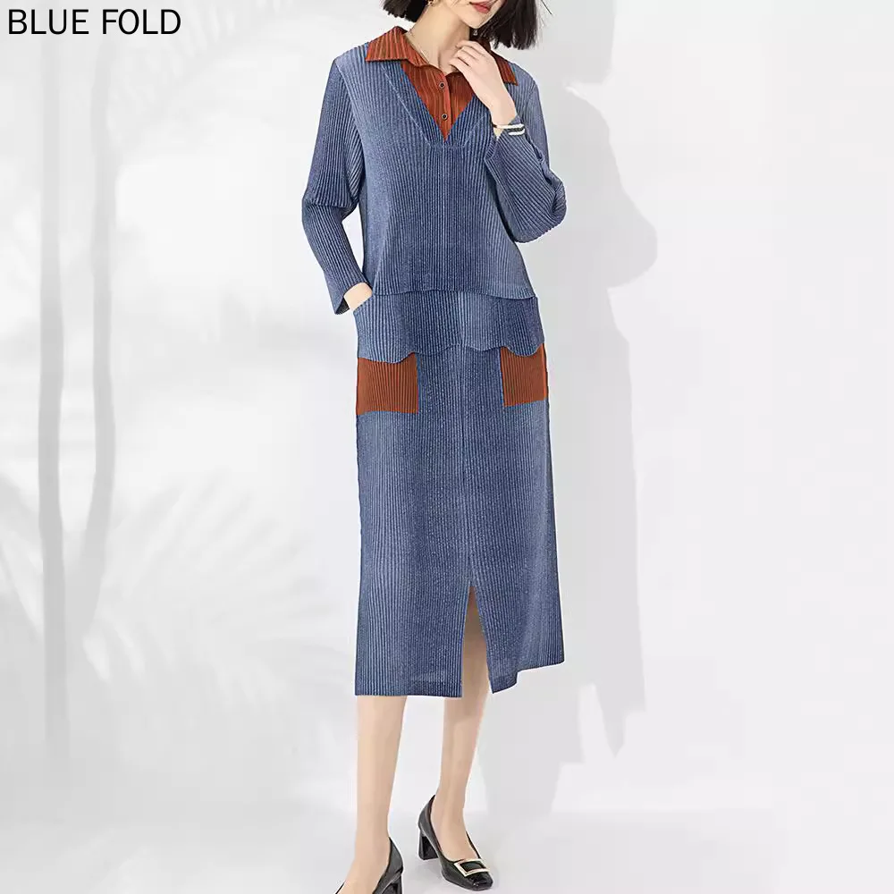 

MIYAKE PLEATS Spring and Autumn Design Contrast Color Shirt Collar Long-sleeved Top High Waist Drape Slit Skirt Two-piece Suit